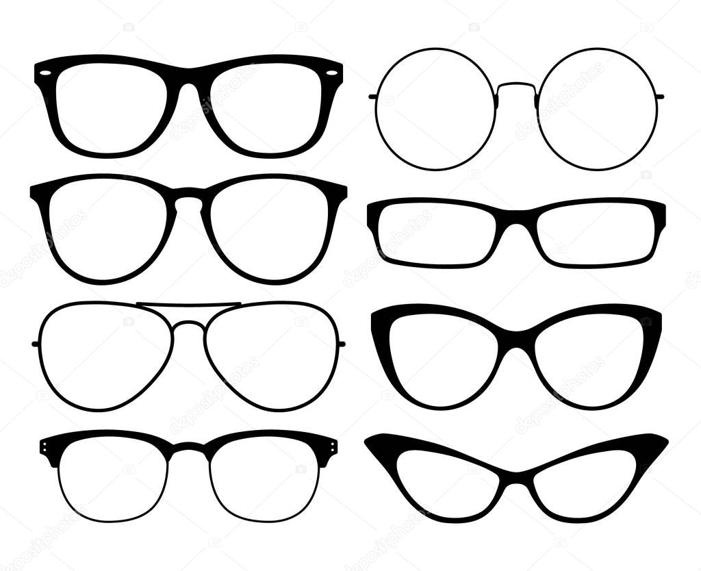 Various black silhouete glasses. Eyeglasses frames set.