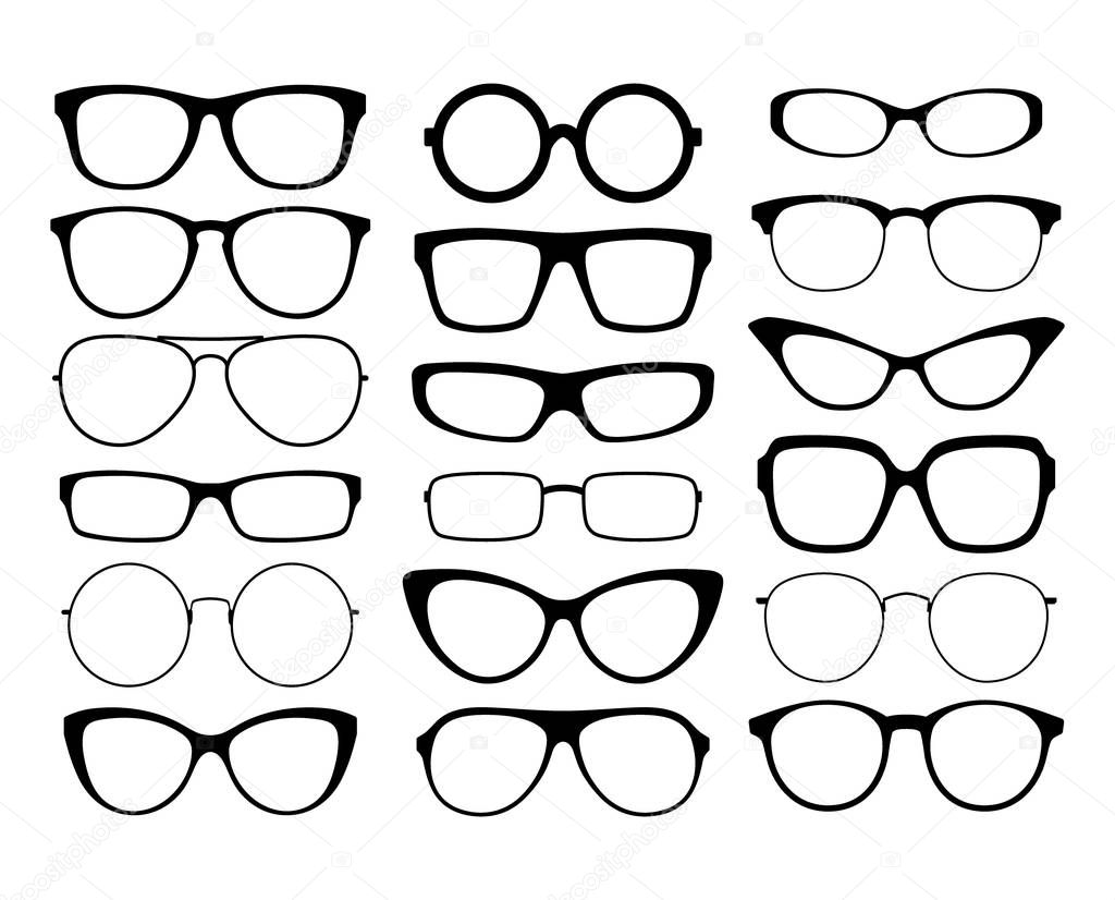 Various black silhouette glasses. Eyeglasses frames set. Sunglasses frames.