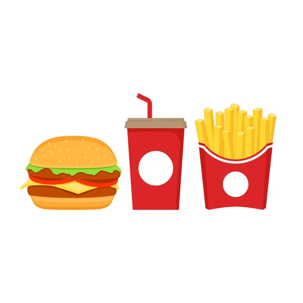 Σετ Εικονιδίων Fast Food Μπιφτέκι Πατάτες Τηγανιτές Χάρτινο Κόκκινο Κουτί — Διανυσματικό Αρχείο