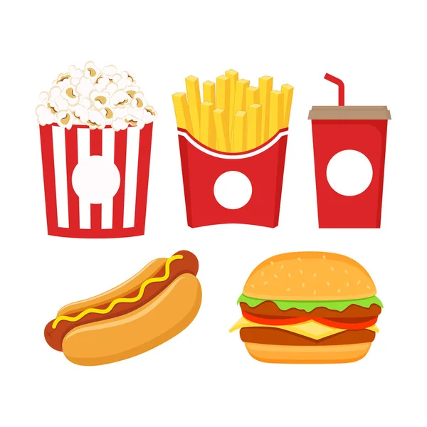 Σετ Εικονιδίων Fast Food Burger Ποπ Κορν Τηγανητές Πατάτες Σόδα — Διανυσματικό Αρχείο