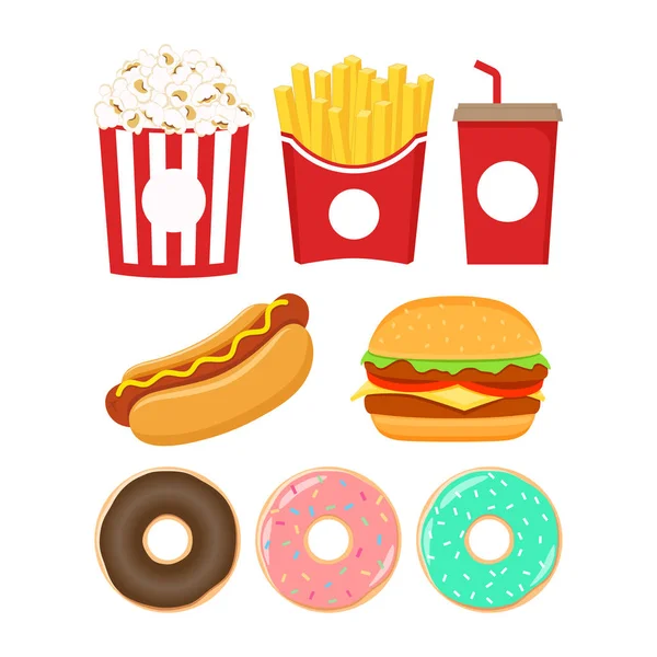 Soubor Ikony Rychlého Občerstvení Sada Barevné Karikatura Burger Popcorn Hranolky — Stockový vektor
