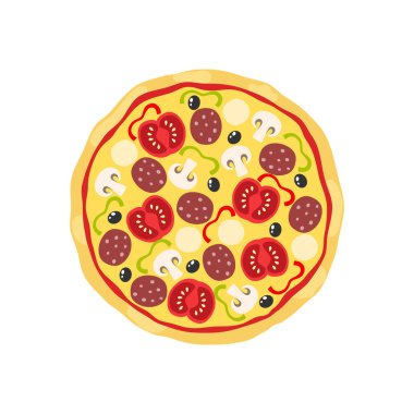 Pizza salam domates ve mantar karikatür clipart. Renkli pizza vektör çizim.