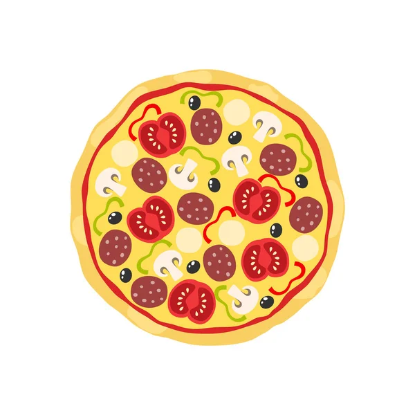 Pizza Con Tomates Salami Champiñones Clipart Dibujos Animados Ilustración Colorida — Vector de stock