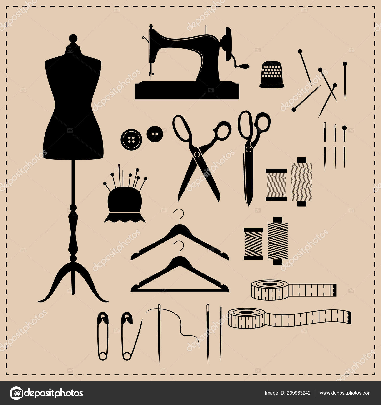 Retro Sewing Kit Icon Set Black Vintage Sewing Kit Icons Stock Vector by  ©tsvetinaiv 209963242