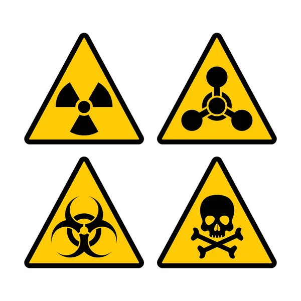 Triángulo Amarillo Advirtiendo Peligro Biológico Radioactivo Tóxico Conjunto Signos Pegatinas — Vector de stock