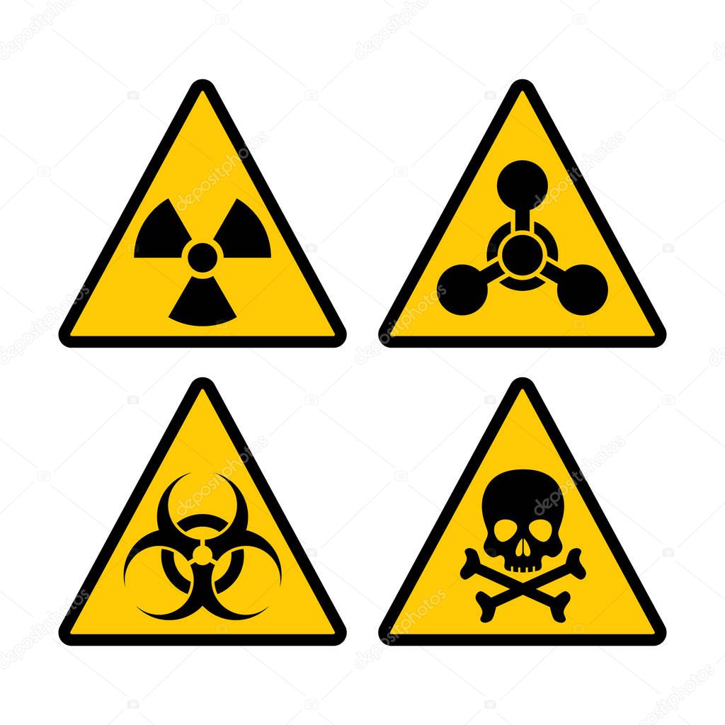 Yellow triangle warning biohazard, radioactive and toxic sign set. Biohazard, chemical hazard warning triangular vector symbol stickers.
