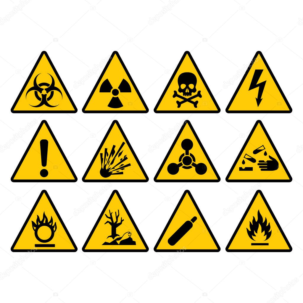 Warning yellow triangle sign set. Warning and hazard triangular vector signs.