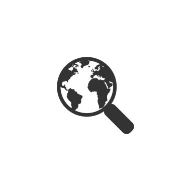 Büyüteç ve kıta glif simgesi olan Dünya gezegeni. Web arama simgesi.