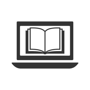 E-kitap ve E-gönüllülük vektör simgesi. E-öğrenme kavramı sembol. Açık kitap basit simgesi tasarım ile dizüstü bilgisayar 