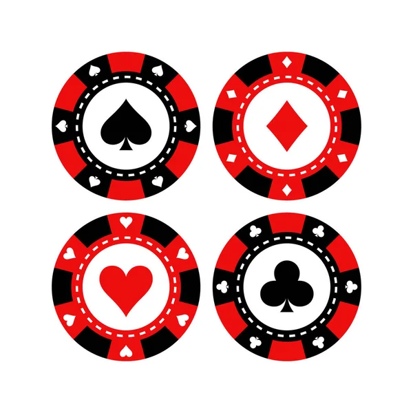 红色和黑色扑克游戏晶片向量集 赌场代币带有扑克牌符号 — 图库矢量图片