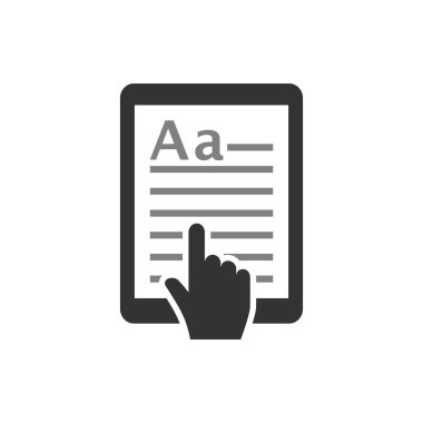 E-kitap dokunmatik tablet simgesi. Metin ve imleç el ile tablet. E kitap, e kavramı vektör simge okuma.