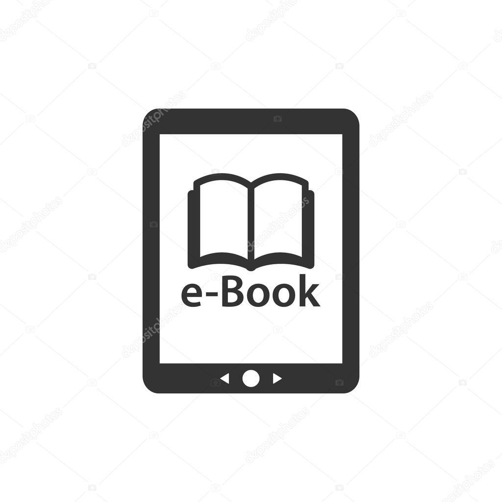 E reader device with open book and e-book text. Tablet touchpad e-reader vector icon.