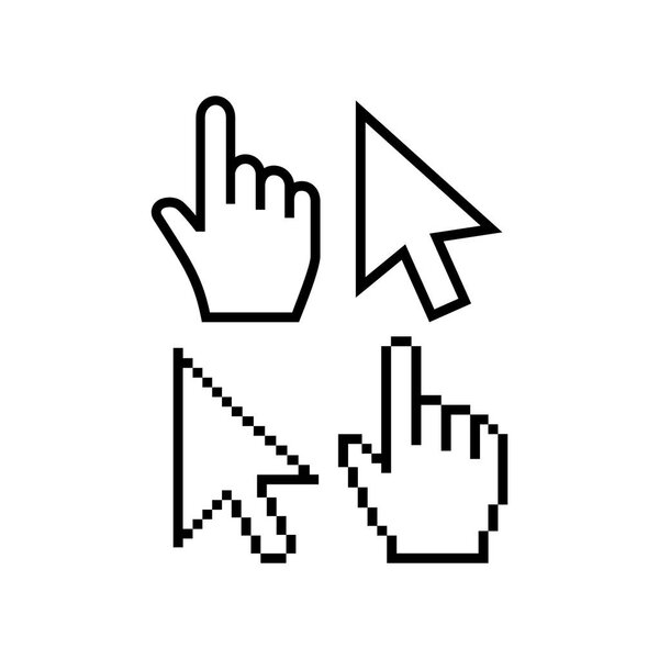 Mouse cursor vector icons. Hand cursor pointer icon, pixel and regular. Arrow poiner cursor icon, pixelated and regular, white fill color.