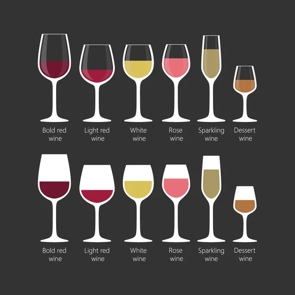 ワイングラスの種類を設定します 明るい赤 大胆な赤 スパーク リング ワインのカラフルなワイン グラス 黒背景に白ワインのグラスのアイコン — ストックベクタ