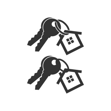 Anahtarlık ring ve bir ev kolye ile anahtar taşı. Gayrimenkul konsept simgesi. Yeni ev logo tasarımı. Evin anahtarları çifti.