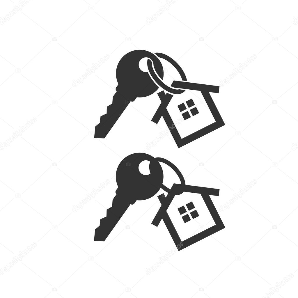 Key with key chain ring and a house pendant. Real estate concept icon. New home logo design. House key.