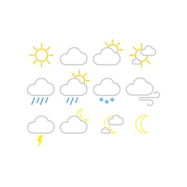 Hava tahmini vektör simgeler. Güneşli, karlı, yağmurlu hava Icon set. Beyaz dolgu, düzenlenebilir kontur.