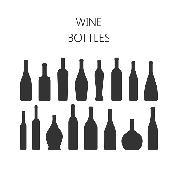 黑色查出的酒瓶图标集 葡萄酒瓶类型剪影向量图标 — 图库矢量图片