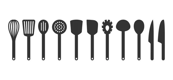 Набор Инструментов Приготовления Посуды Кухонные Инструменты Черные Изолированные Векторные Иконки — стоковый вектор