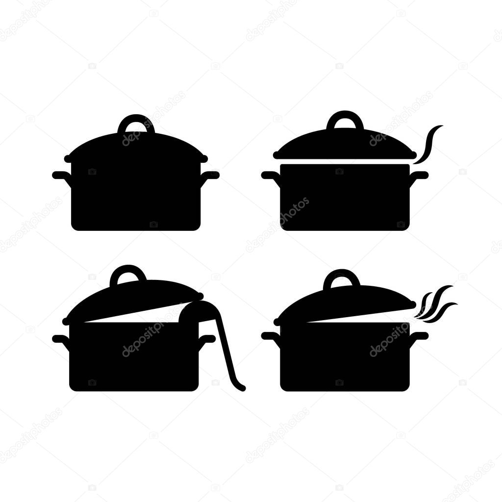 Black isolated pot casserole vector icon set. Saucepan silhouette open and closed with steam and soup ladle.