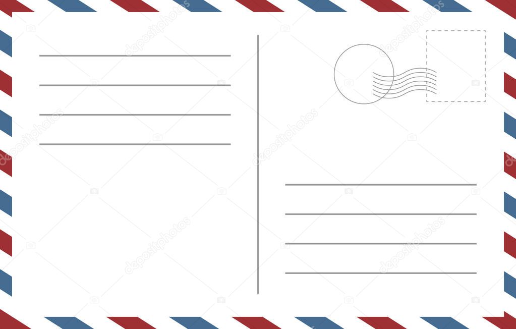Blank postcard template. Backside of a postcart design vector blank template with red and blue edging