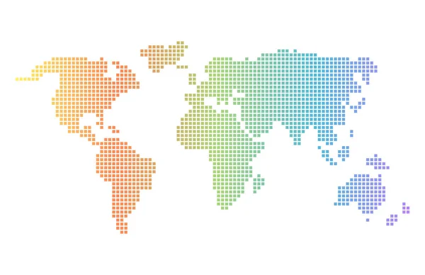 虹グラデーション ピクセルの世界地図 正方形のカラフルなベクトル世界地図 — ストックベクタ