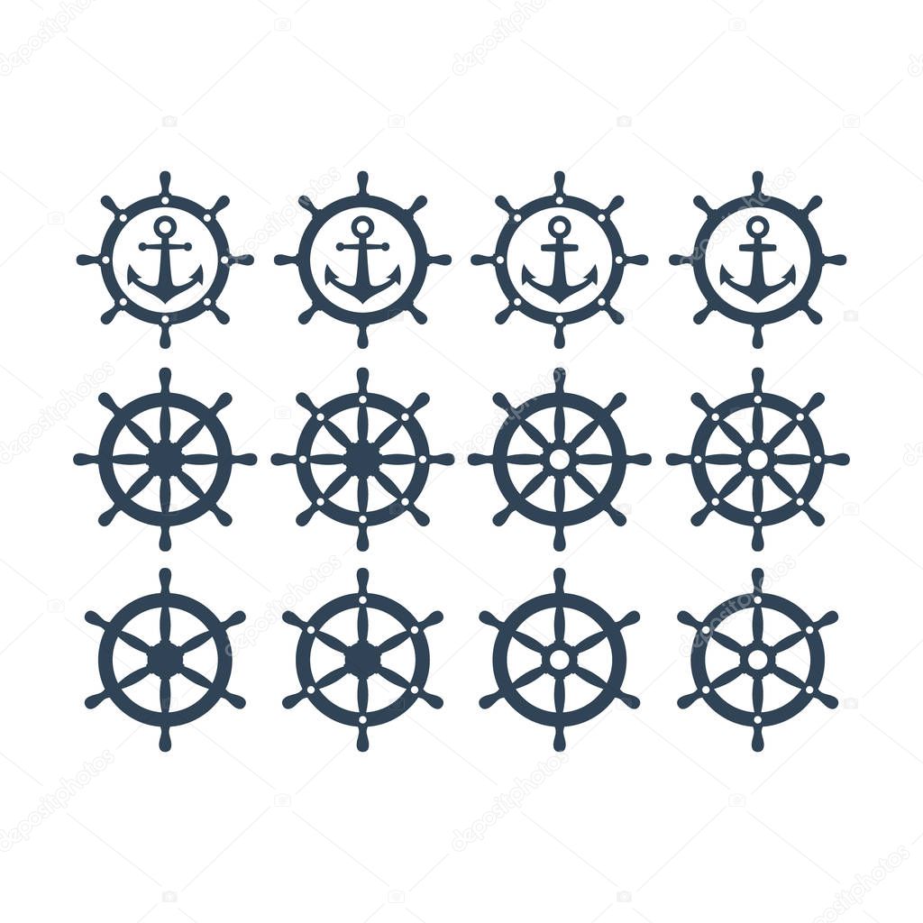 Ship steering wheel and anchor icon. Ship's wheel and anchor vector icon set. Nautical vintage symbols