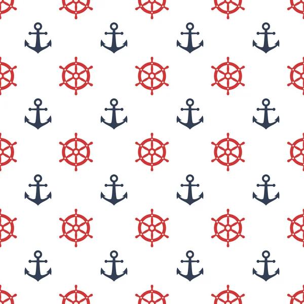 Red Ship Wheel Blue Anchor Seamless Pattern Print Marine Vector — Stock Vector