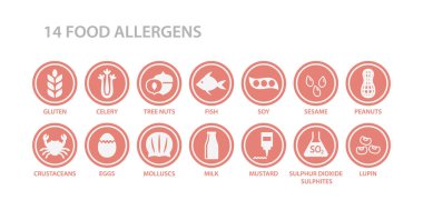 14 gıda alerjenleri menü listesi daire Icon set. Pembe Daireler gıda alerjen beyaz simgeler. Gluten, yumurta, süt, fındık Anti vektör simgeler.