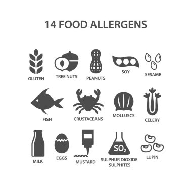 Gıda alerjenleri Icon set. Siyah metin adları vektör kümesi ile 14 gıda alerjenleri izole. Gluten, yer fıstığı, ağaç fındık, soya Anti siluet simgeler.