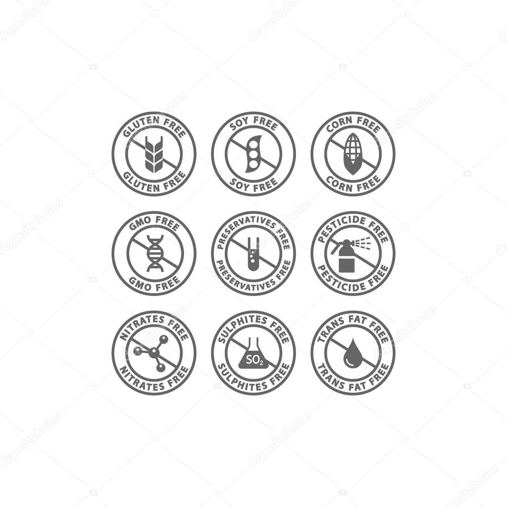 Gluten, soy, trans fat free vector badge label. Corn, preservatives, gmo free black isolated circle stamp icons.