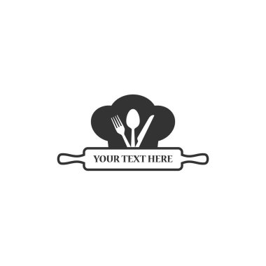 Mutfak konsepti logo tasarımı, restoran işletme monogramı. Merdane, çatal, bıçak ve kaşıktan oluşan siyah tenha yemek amblemi.
