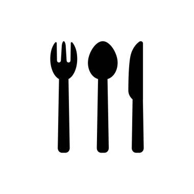 Bir çatal, bir bıçak ve bir kaşık siyah basit simgeler. Çatal, bıçak ve kaşık izole siluet vektör simge seti.