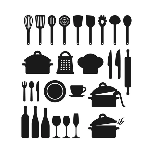 Kitchenware Utensils Vector Black Icon Set Kitchen Appliances Pot Grater — Stock Vector