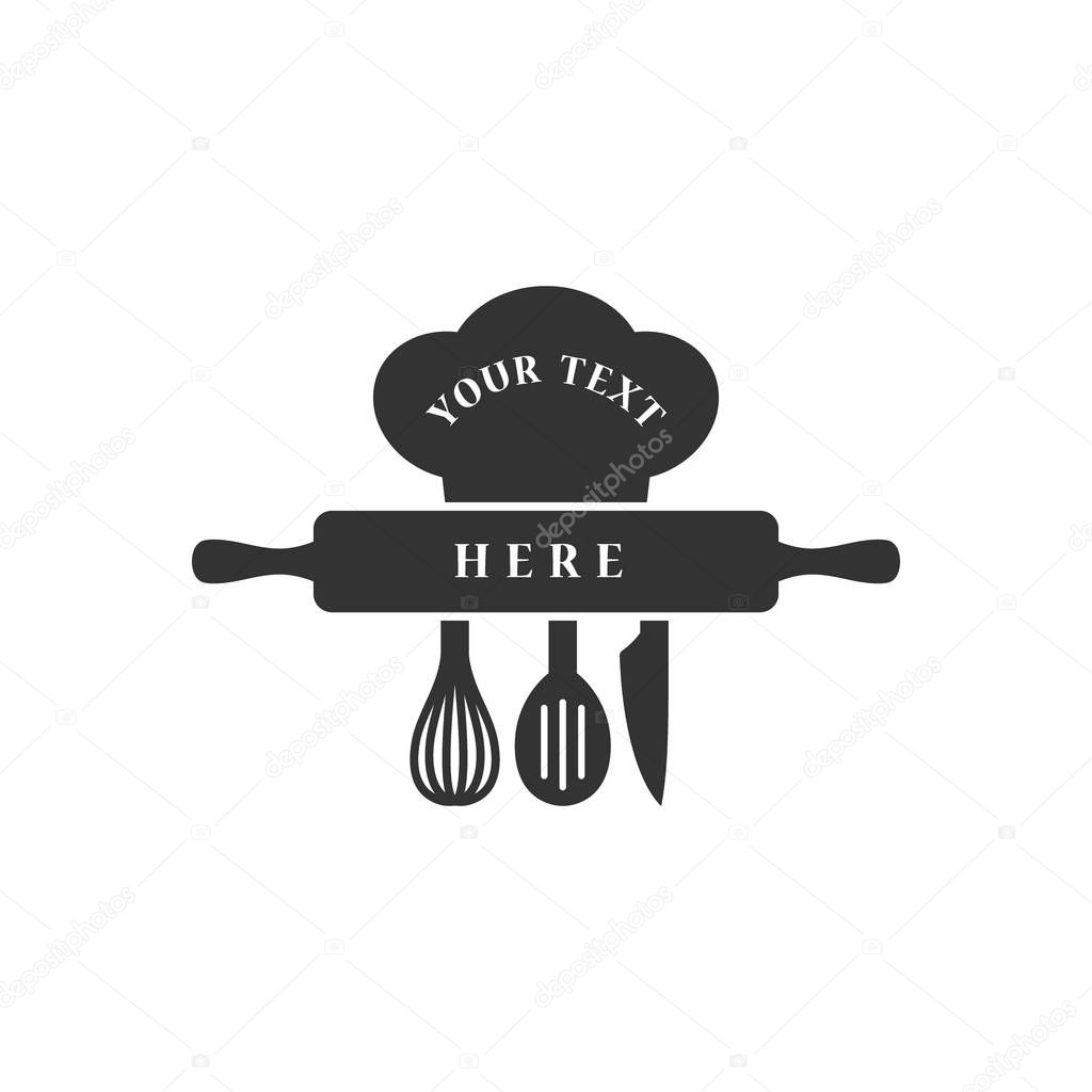 Restaurant business logo black vector design. Home kitchen trademark stamp of rolling pin, chef cap, whisk, slotted spoon and knife.