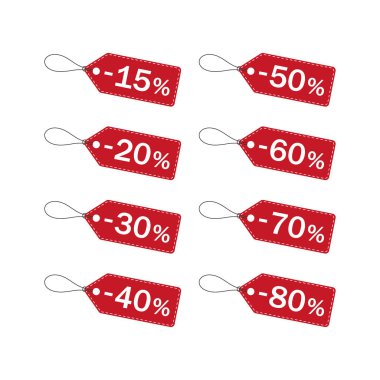 Fiyat etiketi vektör simgeler indirim. Kırmızı indirim fiyat rozet 15, 20, %50 indirimli satış simgeler kümesi.