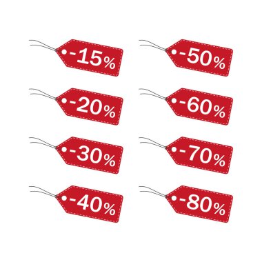 Fiyat etiketi vektör simgeler indirim. Kırmızı indirim fiyat rozet 15, 20, %50 indirimli satış simgeler kümesi.