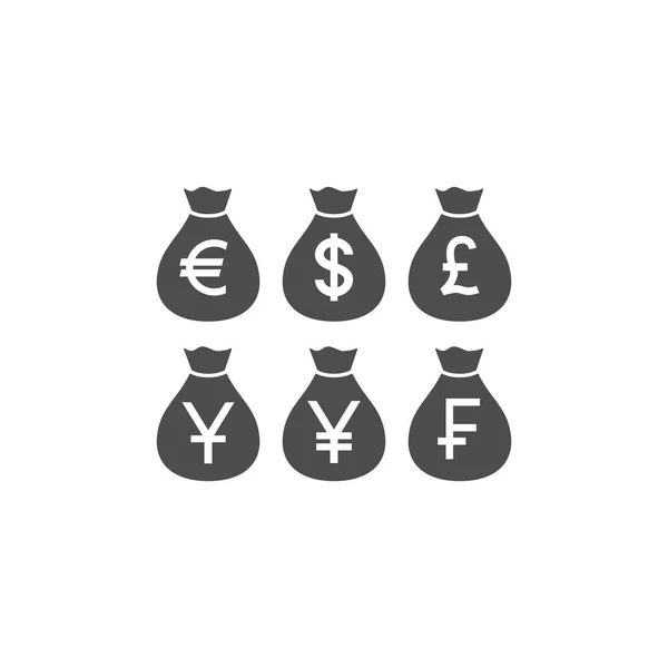 Money Bag World Currency Glyph Ikonuppsättning Pengar Säck Svart Vektor — Stock vektor