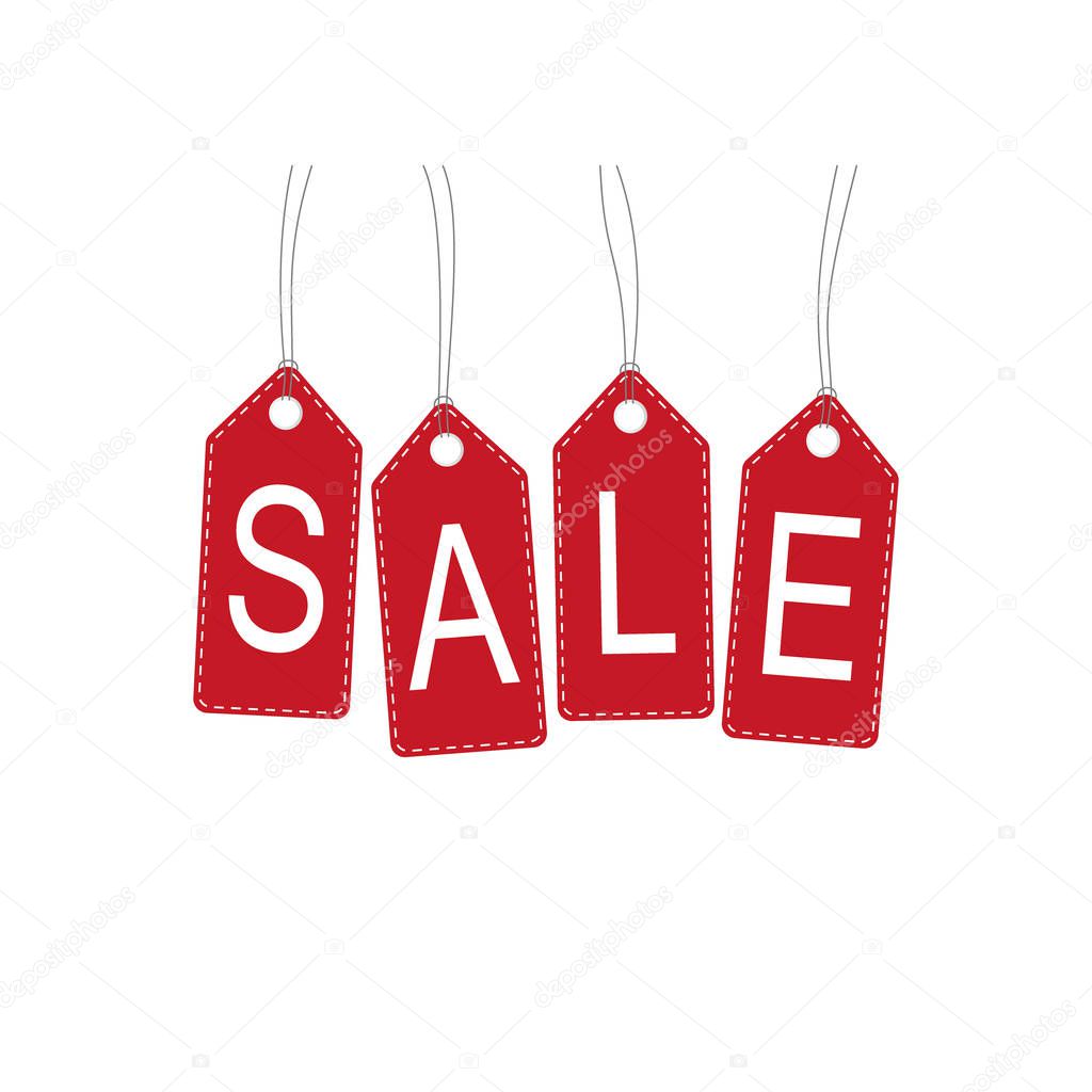 Red sale tag hanging vector icons. Sale price tag hanged icon set.