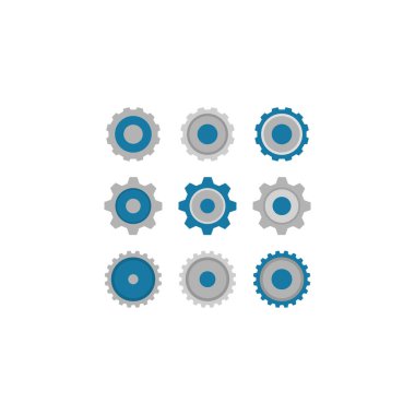 Cogwheel, dişli renkli vektör karikatür simge seti. Mavi ve gri renkli clipart simge setinde dişli çark.