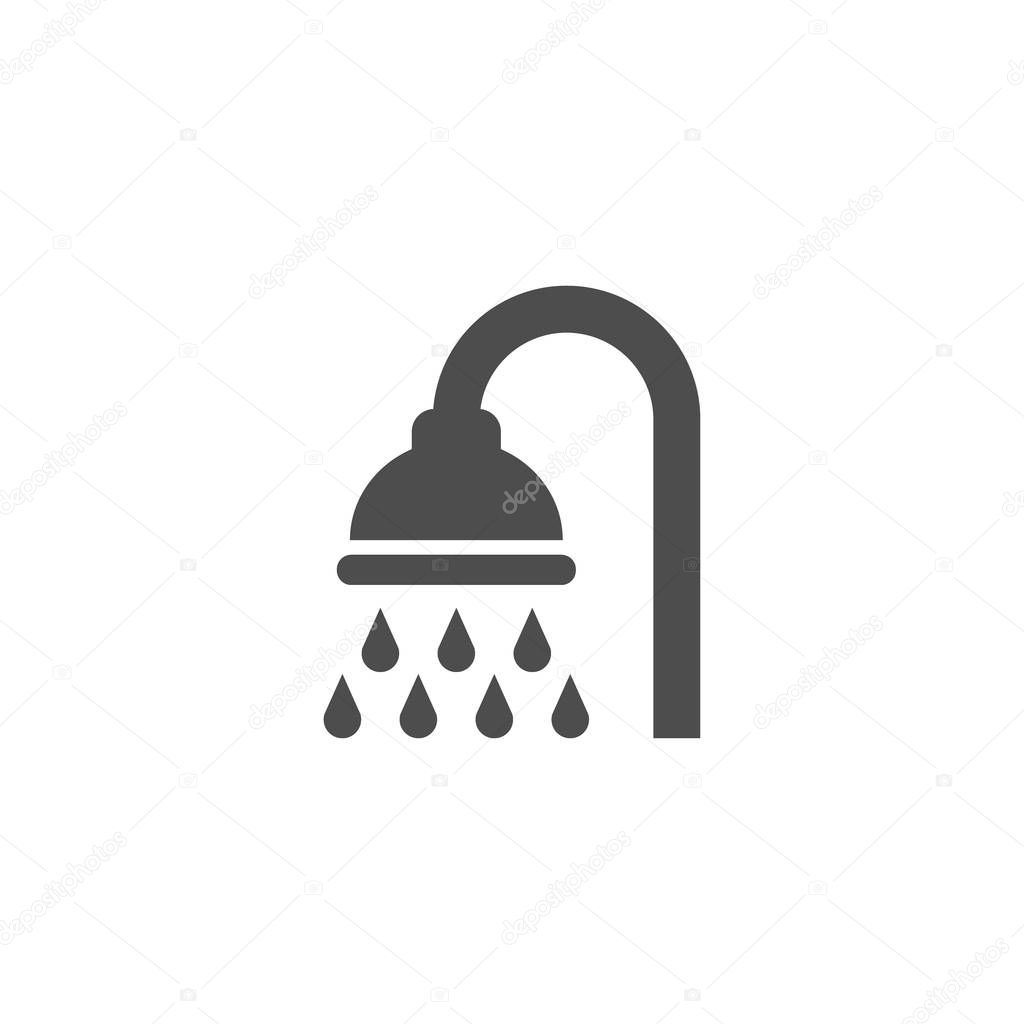 Shower, bathroom symbol vector glyph sign. Shower head with water drops pouring black isolated icon.