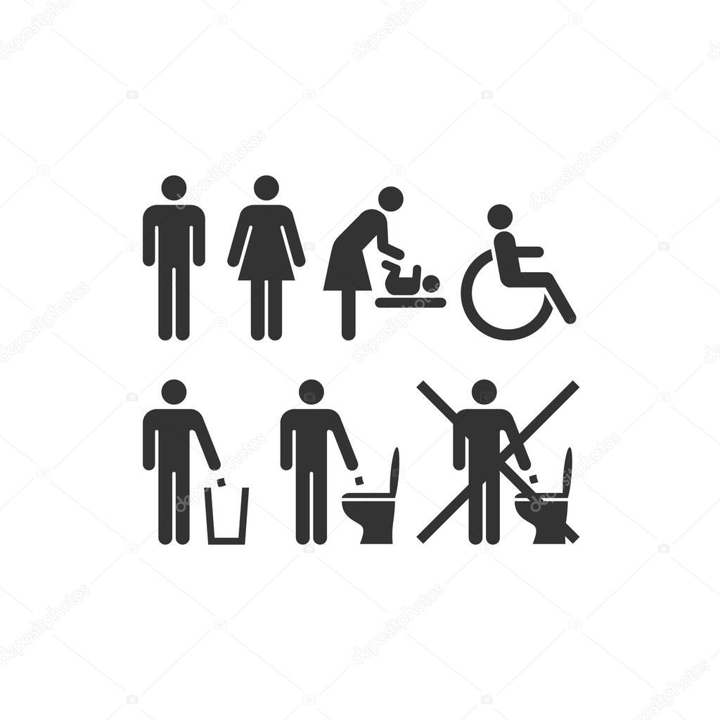 Wc or restroom universal sign set. Ladies, men, disabled, diaper changing toilet vector symbols. Black glyph icons.