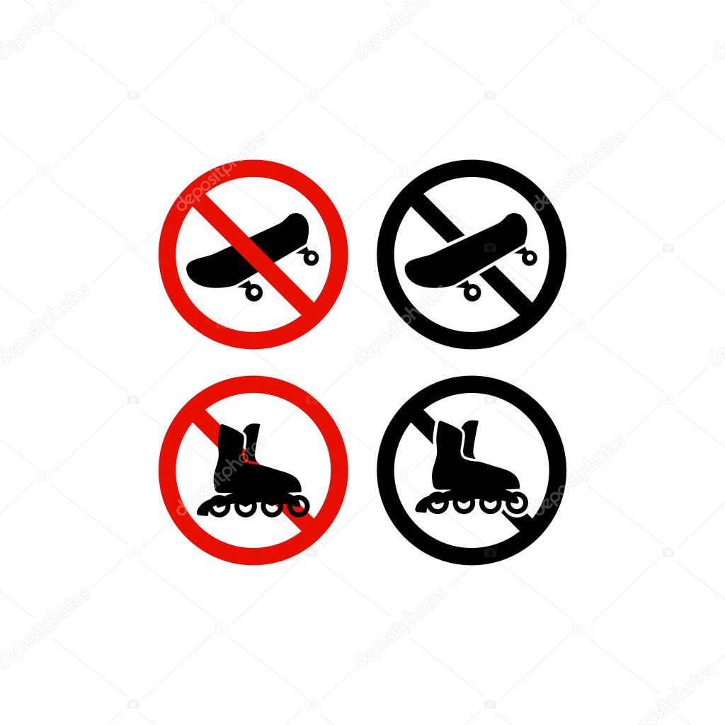 No roller skating and skateboarding red prohibition sign set. Skateboards and roller skates not allowed circle vector icon set. 