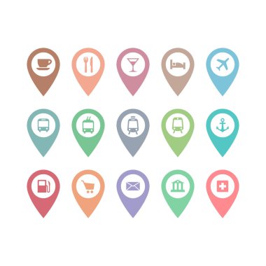 Kafe, restoran, otel, otobüs işareti ile yer pin işaretçisi vektör ayarlayın. Havaalanı, tren istasyonu, banka, harita için hastane işaretleri ile konum iğne işaretleri. 