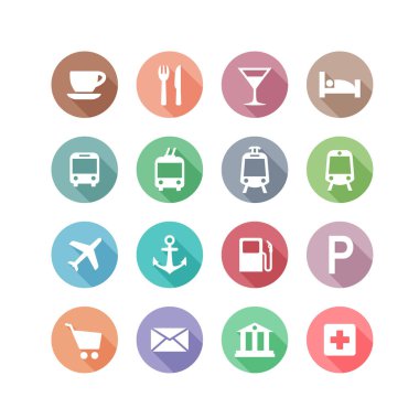 Uzun gölge etkisi ile kafe, otel, restoran için konum daire işareti ayarlayın. Otobüs, tren istasyonu, mağaza veya metro için renkli vektör konum işaretetiketi düğmeleri.