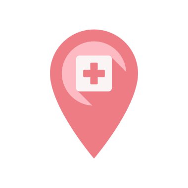 Harita renkli vektör simgesiüzerinde hastane konumu için konum pin işaretçisi. Hastane işareti ile konum işareti, uzun gölge etkisi.