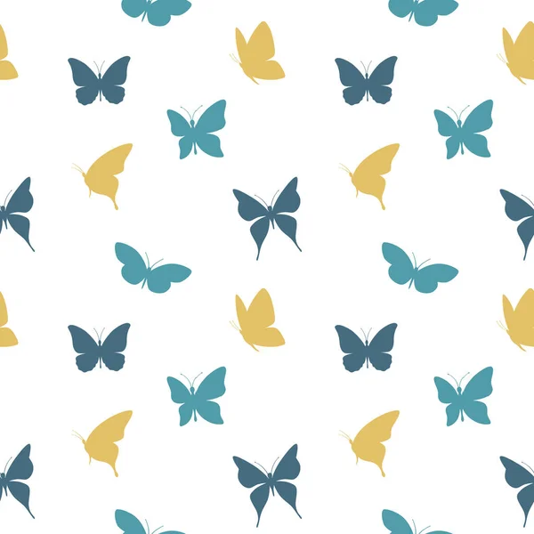 青と黄色のシームレスなパターンで飛んで蝶 紙の蝶のデザイン — ストックベクタ
