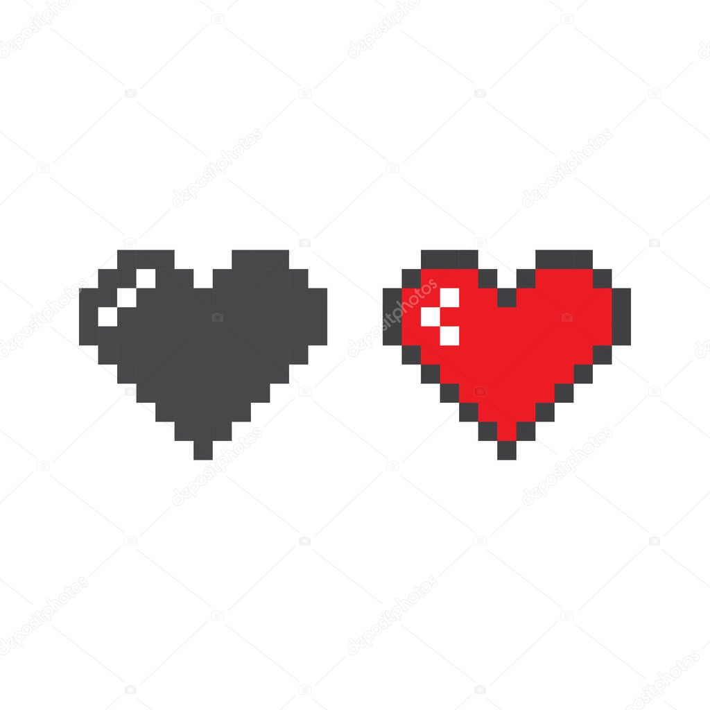 Pixel heart black and red vector icon. Heart in pixels pictogram glyph symbol.