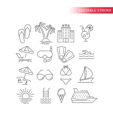 Summer travel, vacation or holiday vector icon set. Beach, hotel, palm tree, swimsuit summer tourism icons, outline, editable stroke. clipart