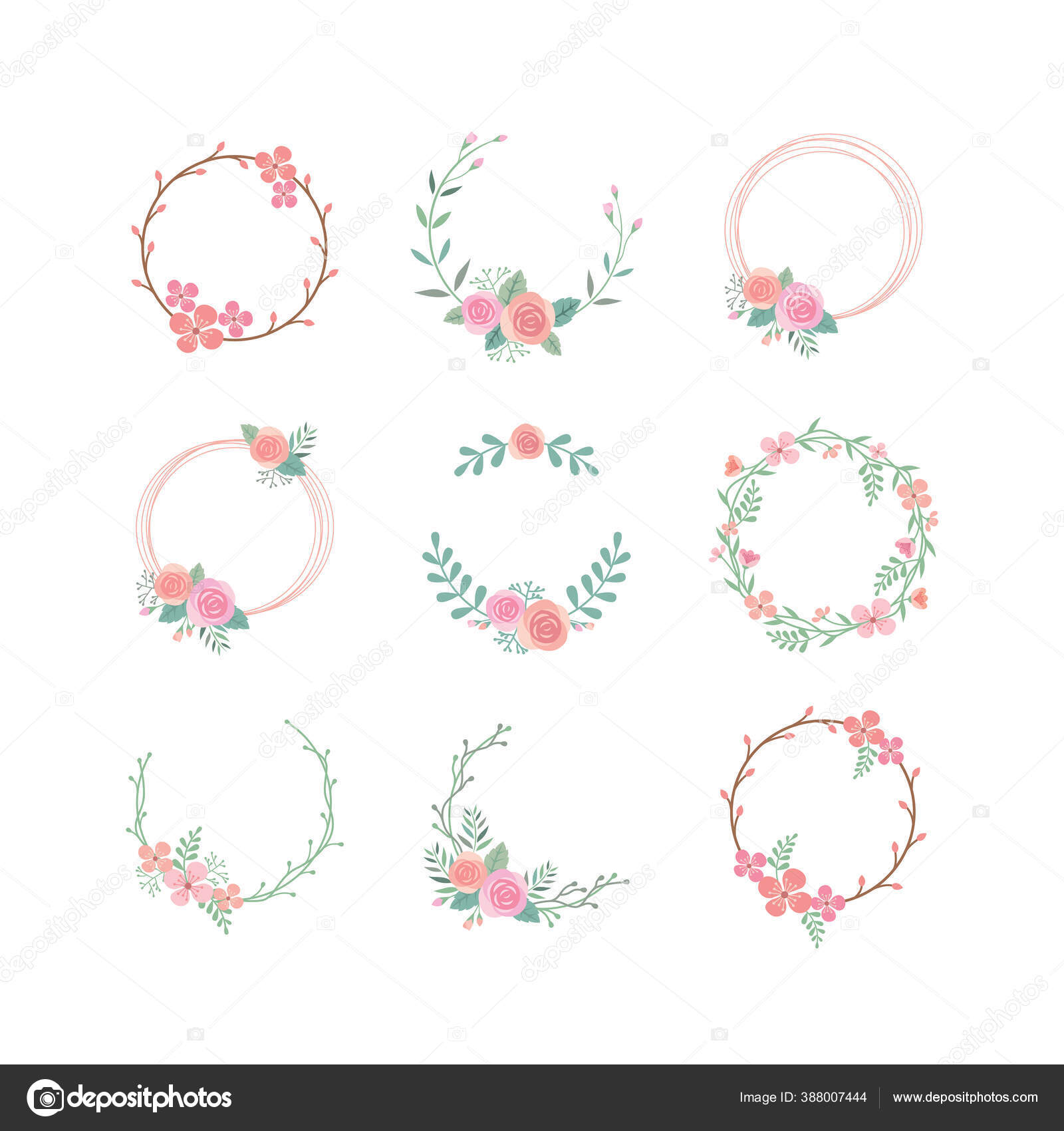 Lingkaran Bunga Berwarna Warni Bingkai Vektor Ditetapkan Spring Blossom Rose Stok Vektor C Tsvetinaiv 388007444